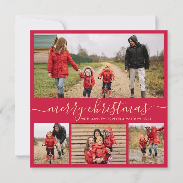 Elegant Script Red Gold Photo Collage Christmas Holiday Card (Front)