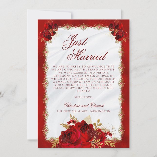Elegant Script Red Gold Roses Floral Wedding Announcement (Front)
