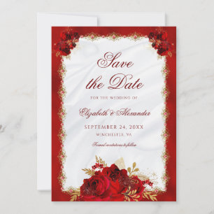 Elegant Script Red Gold Roses Floral Wedding Save The Date