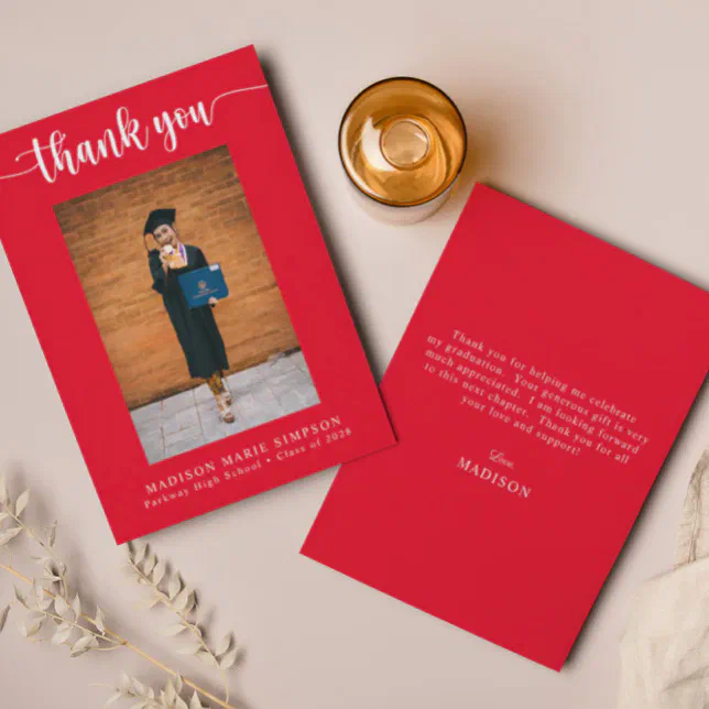 Elegant Script Red Graduation Photo Thank You Note Card | Zazzle