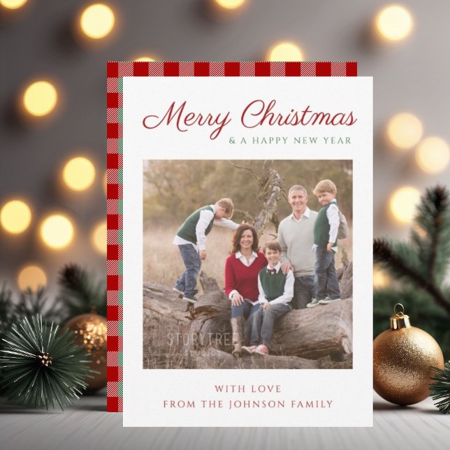 Elegant Script Red Green Plaid Christmas Photo Holiday Card (Elegant Script Red Green Plaid Christmas Photo Holiday Card)