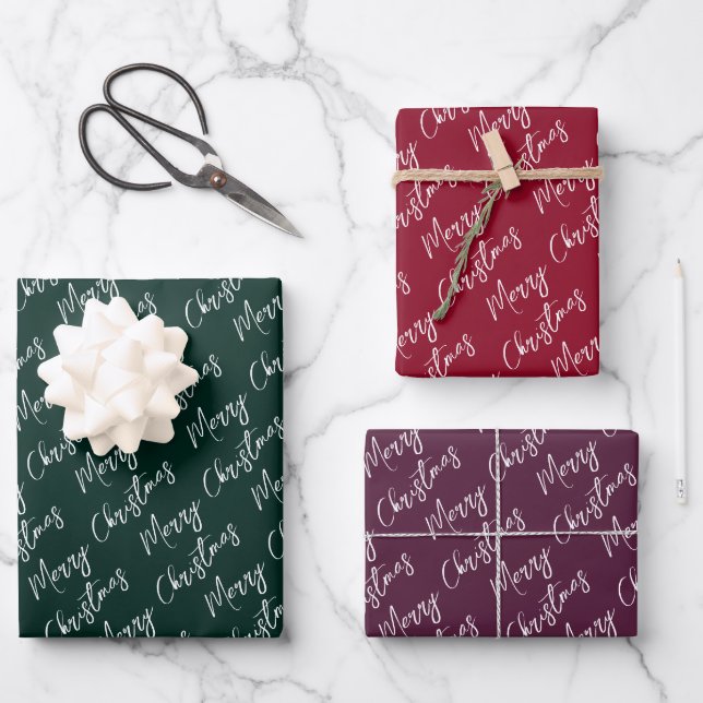 Elegant Script Red Green Purple Merry Christmas Wrapping Paper Sheets (Front)