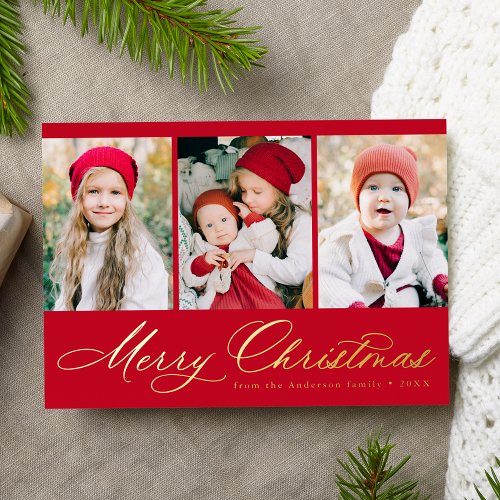 Elegant Script Red Merry Christmas 3 Photo Foil Holiday Card