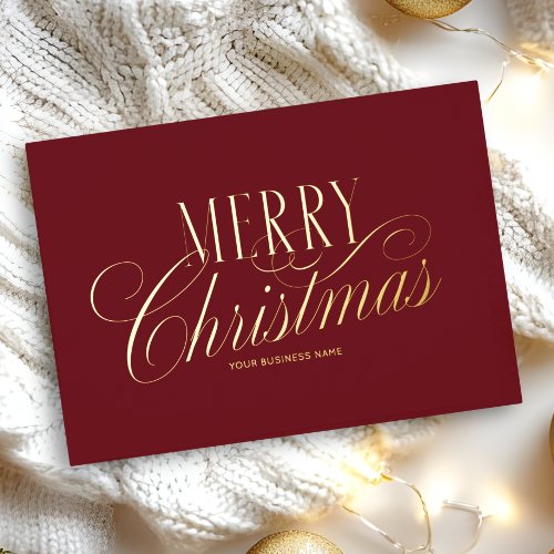 Elegant Script Red Merry Christmas Business Logo Foil Holiday Card