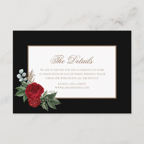 Elegant Script Red Peonies Black  Gold Details Enclosure Card