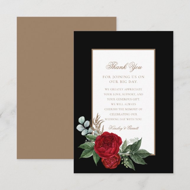 Elegant Script Red Peonies Black & Gold Thank You Card (Front/Back)