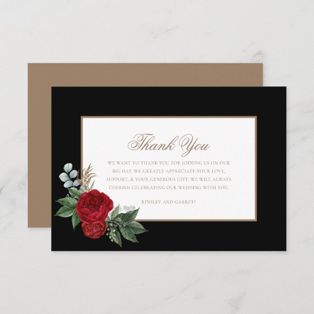 Elegant Script Red Peonies Black & Gold Thank You Card (Front/Back)