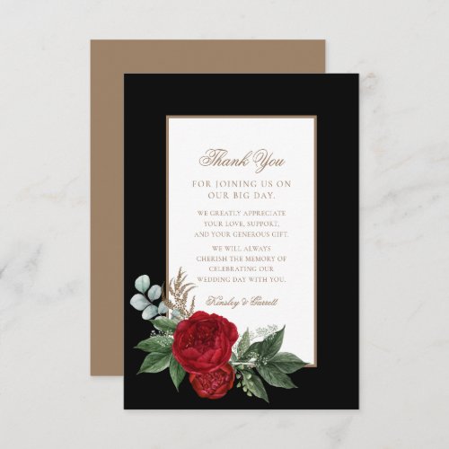 Elegant Script Red Peonies Black  Gold Wedding Thank You Card