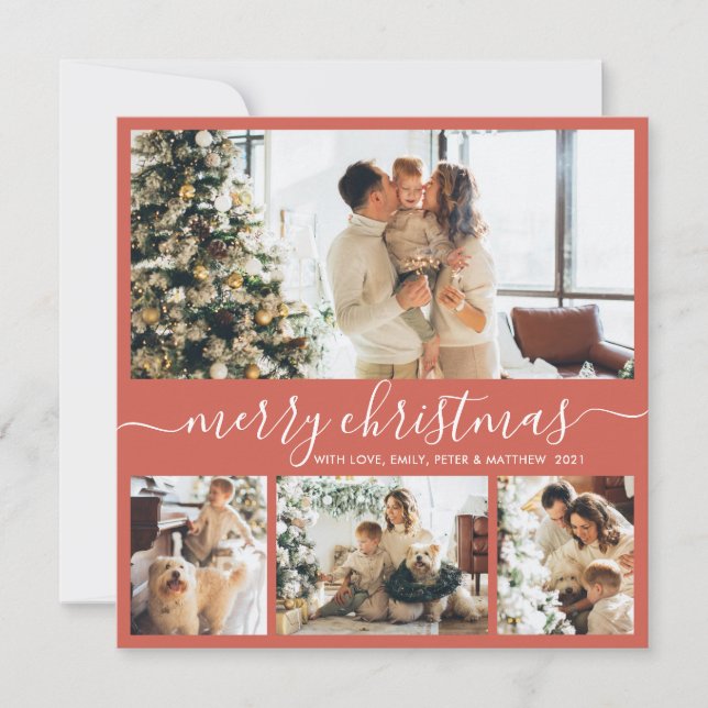 Elegant Script Red Photo Collage Christmas Card (Front)