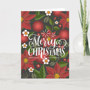 Elegant Script Red Poinsettia Floral Chic Business Holiday Card