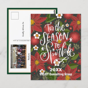 Elegant Script Red Poinsettia Green Photo Business Postcard