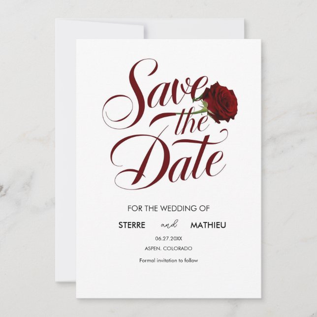 Elegant Script Red Rose Wedding  Save The Date (Front)