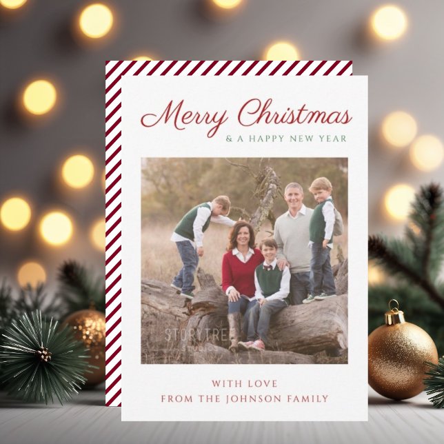 Elegant Script Red Stripes Christmas Photo Holiday Card (Elegant Script Red Stripes Christmas Photo Holiday Card)