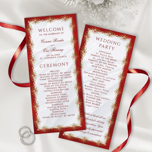 Elegant Script Red White Gold Filigree Wedding Program (Creator Uploaded)