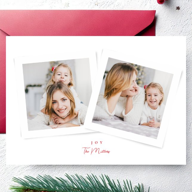 Elegant script red & white JOY christmas 3 photo Holiday Card (Creator Uploaded)