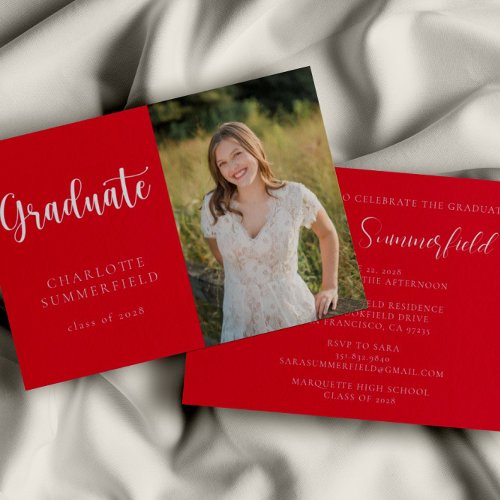 Elegant Script Red White Photo Graduation Invitation