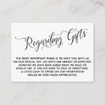 Elegant Script Regarding Gifts for the Wedding Enclosure Card<br><div class="desc">These elegant insert cards were designed to match other items in a growing event suite that features an elaborate swirling script over a plain background you can change to any color you like. On the front side you read "Regarding Gifts" in the script; on the back I've placed a beautifully-rendered...</div>