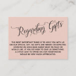 Elegant Script Regarding Wedding Gifts Blush Pink Enclosure Card<br><div class="desc">These elegant insert cards were designed to match other items in a growing event suite that features an elaborate swirling script over a solid background you can change to any color you like. On the front side you read "Regarding Gifts" in the script; on the back I've placed a beautifully-rendered...</div>
