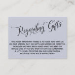 Elegant Script Regarding Wedding Gifts Dusty Blue Enclosure Card<br><div class="desc">These elegant insert cards were designed to match other items in a growing event suite that features an elaborate swirling script over a solid background you can change to any color you like. On the front side you read "Regarding Gifts" in the script; on the back I've placed a beautifully-rendered...</div>
