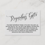 Elegant Script Regarding Wedding Gifts Light Gray Enclosure Card<br><div class="desc">These elegant insert cards were designed to match other items in a growing event suite that features an elaborate swirling script over a solid background you can change to any color you like. On the front side you read "Regarding Gifts" in the script; on the back I've placed a beautifully-rendered...</div>