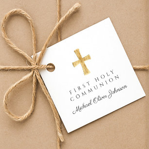 Elegant Script Religious Cross First Communion Favor Tags
