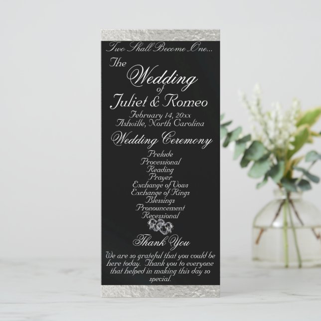 Elegant Script & Ribbon - Black/Silver Wedding Program (Standing Front)