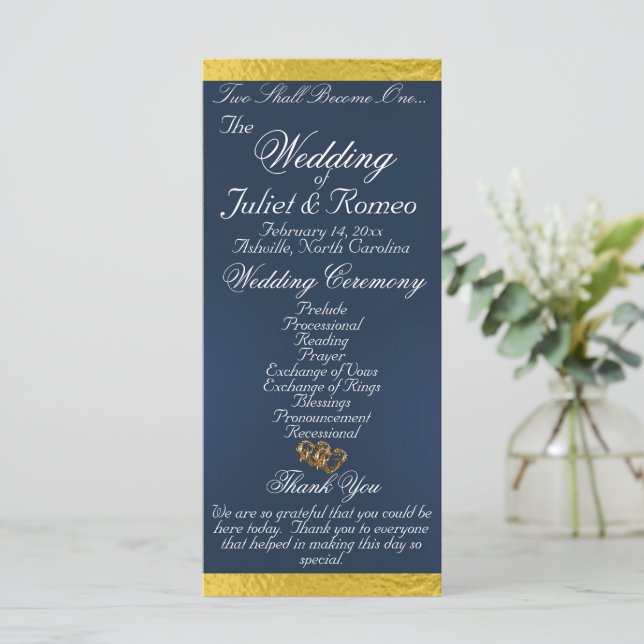 Elegant Script & Ribbon - Blue/Gold Wedding Program (Standing Front)