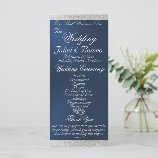 Elegant Script & Ribbon - Blue/Silver Wedding Program (Standing Front)
