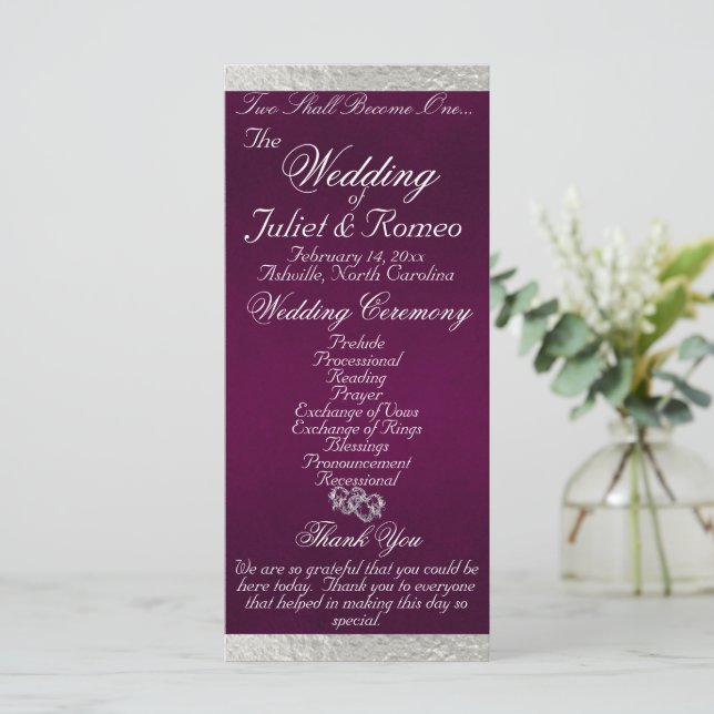 Elegant Script & Ribbon - Purple/Silver Wedding Program (Standing Front)