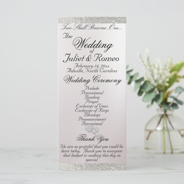 Elegant Script & Ribbon - White/Silver Wedding Program (Standing Front)