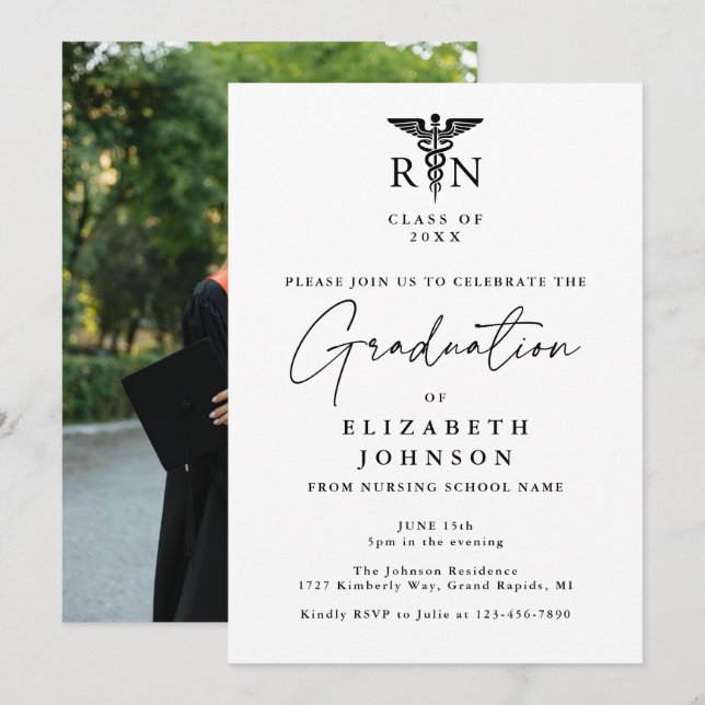 Elegant Script RN Nursing Photo Graduation Party Invitation (Front/Back)