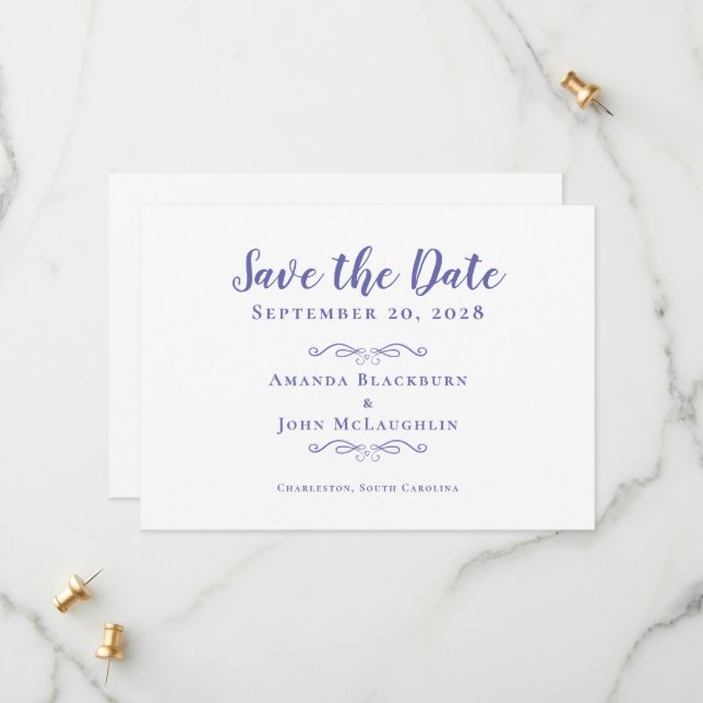 Elegant Script Romantic Calligraphy Periwinkle Save The Date (Front/Back In Situ)