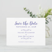 Elegant Script Romantic Calligraphy Periwinkle Save The Date (Standing Front)