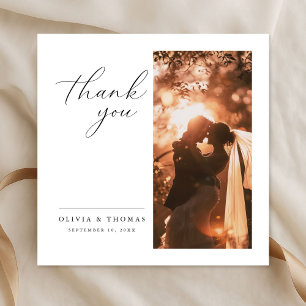 Elegant Script Romantic Photo Wedding Square Thank You Card