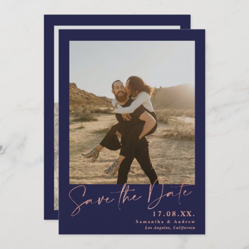 Elegant script rose gold 2 photos save the date