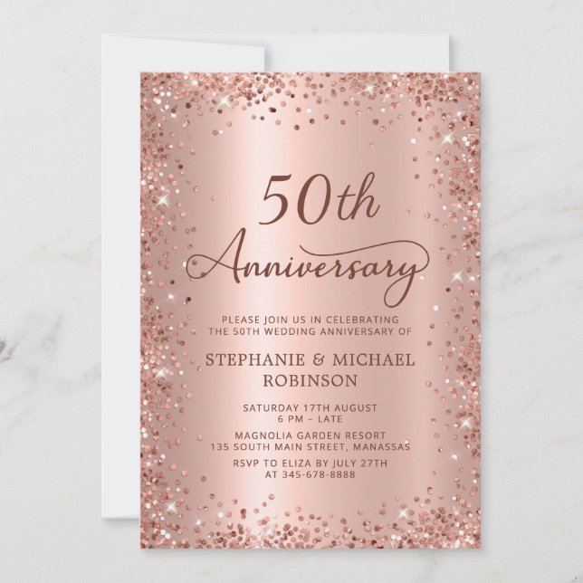 Elegant Script Rose Gold 50th Wedding Anniversary Invitation (Front)