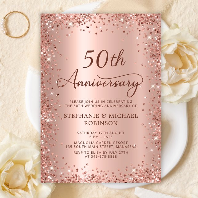 Elegant Script Rose Gold 50th Wedding Anniversary Invitation (Creator Uploaded)