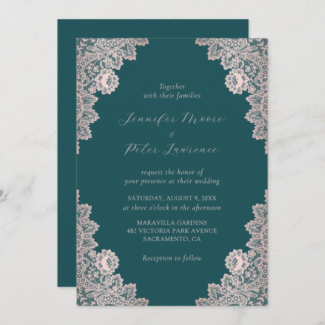 Elegant Script Rose Gold and Teal Wedding Invitation (Front/Back)