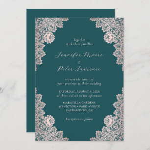 Elegant Script Rose Gold and Teal Wedding Invitation