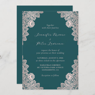 Elegant Script Rose Gold and Teal Wedding Invitation