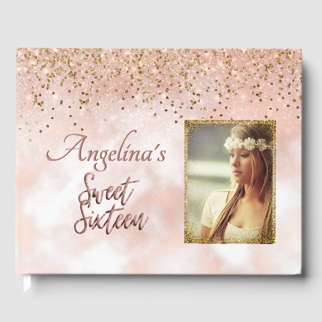 Elegant Script Rose Gold Blush Pink Gold Glitter Guest Book (Front)