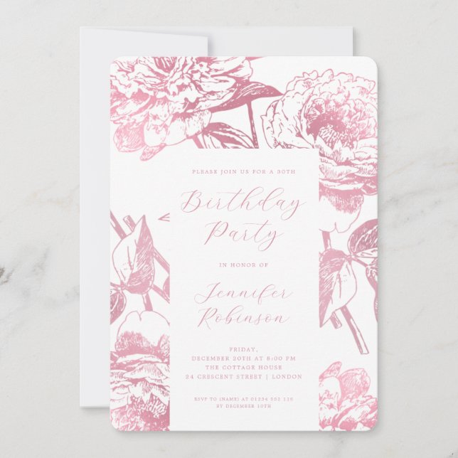 Elegant Script Rose Gold Floral Birthday Party  Invitation (Front)