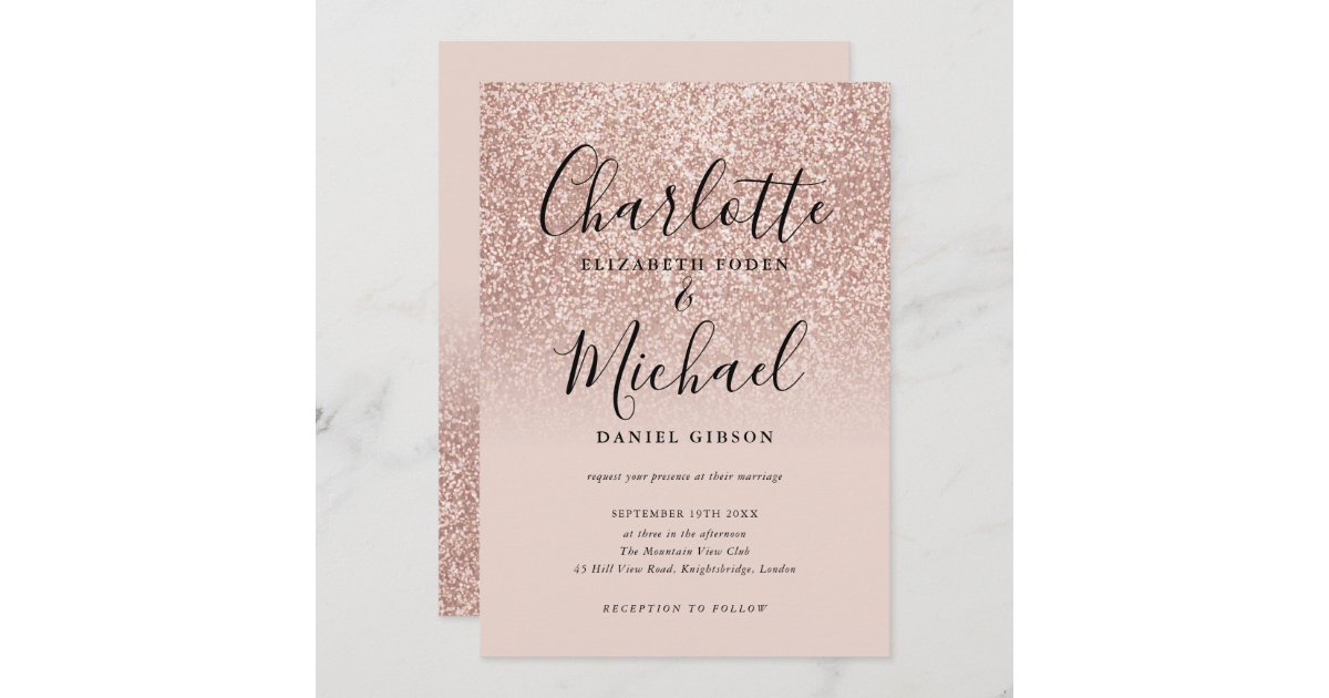 Elegant Script Rose Gold Glitter Wedding Invitation | Zazzle