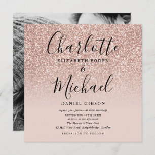 Elegant Script Rose Gold Glitter Wedding Photo Invitation