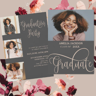 Elegant Script Rose Gold Photo Collage Graduate Invitation