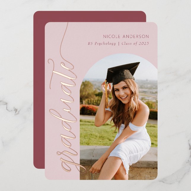 Elegant Script Rose Pink Graduation Arch Photo Foil Invitation (Front/Back)