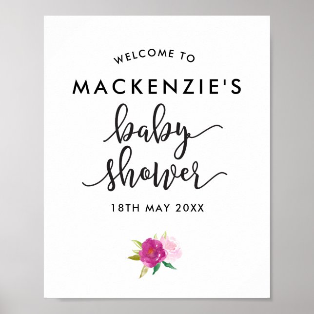 Elegant Script Roses Baby Shower Welcome Poster (Front)