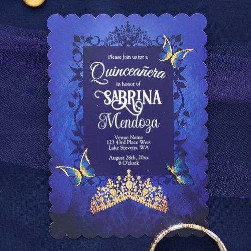 Elegant Script Royal Blue Quinceanera Gold Tiara Invitation