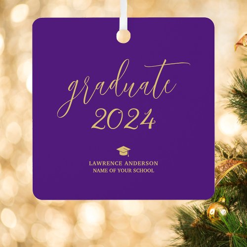 Elegant Script Royal Purple 2024 Graduate Photo Metal Ornament