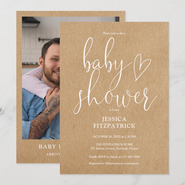 Elegant Script Rustic Kraft Photo Baby Shower Invitation (Front/Back)